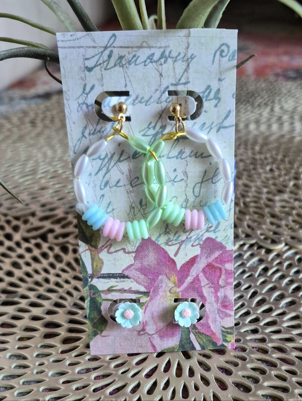 Pastel Beaded Hoop Earrings with Flower Studs